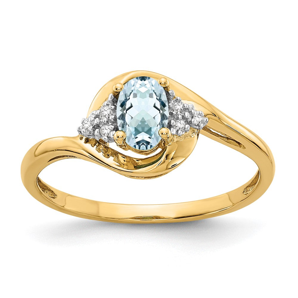 Polished;14k Yellow gold;Open back;Genuine;Aquamarine;Diamond;Prong set;Oval