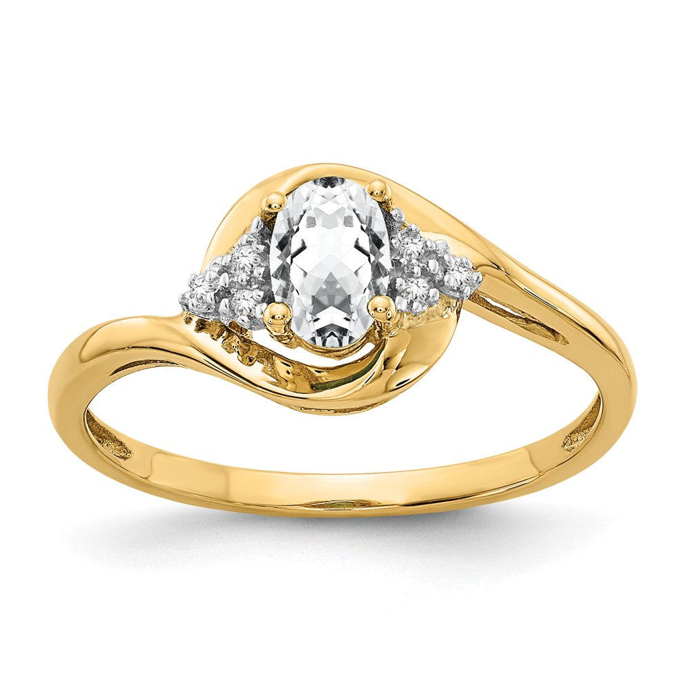 Polished;14k Yellow gold;Open back;Genuine;Diamond;Prong set;White topaz;Oval