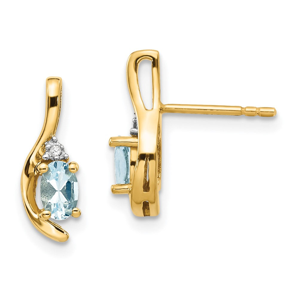 Polished;14k Yellow gold;Open back;Post;Genuine;Aquamarine;Diamond;Prong set;Oval