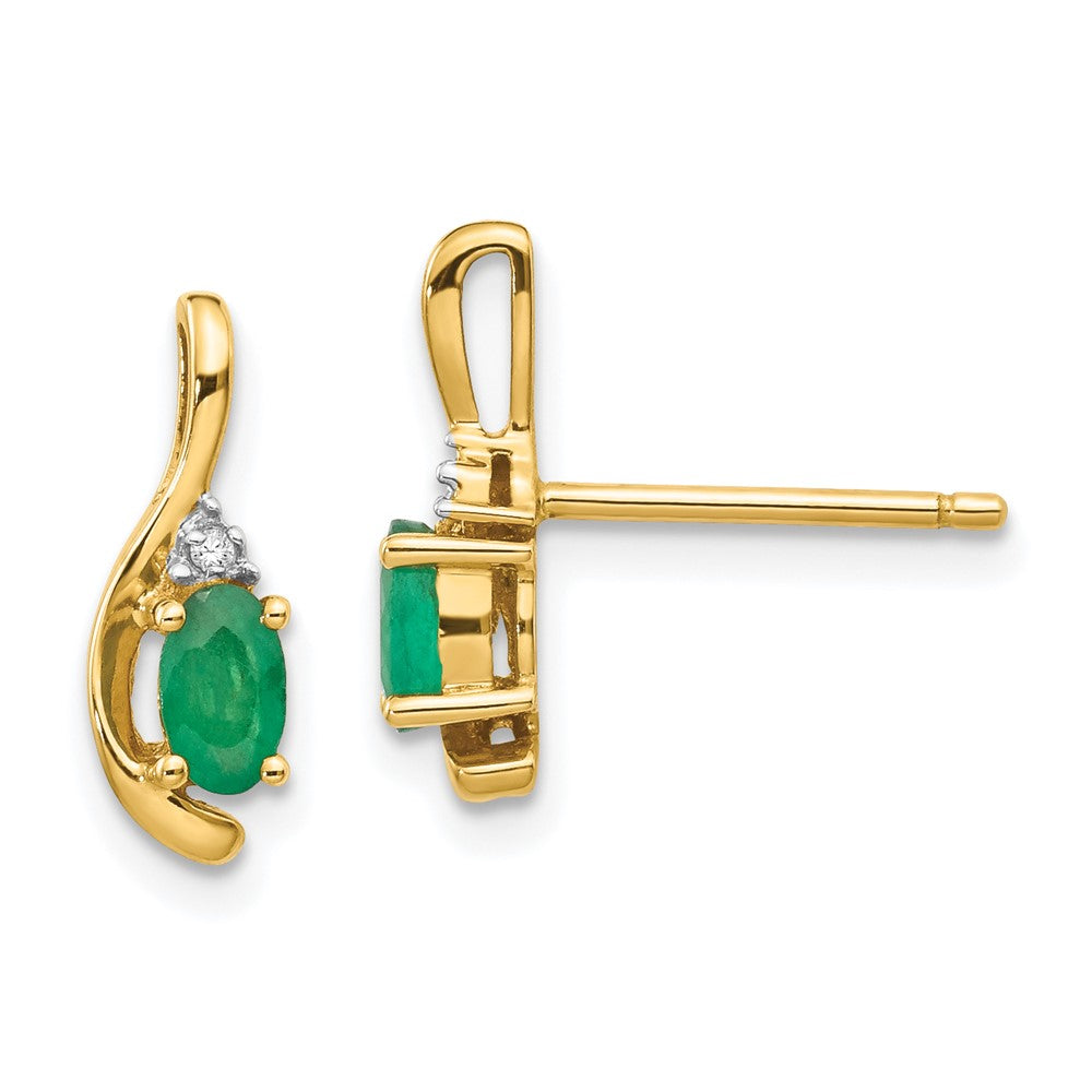 Polished;14k Yellow gold;Open back;Post;Genuine;Diamond;Emerald;Prong set;Oval