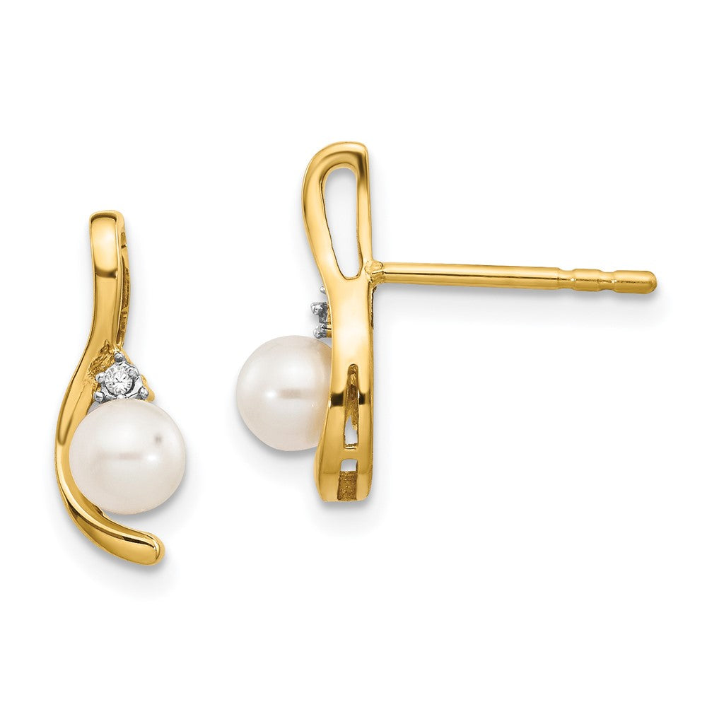 Polished;14k Yellow gold;Post;Genuine;Freshwater cultured pearl;Diamond