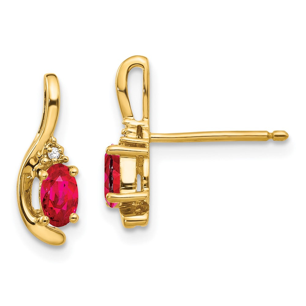 Polished;14k Yellow gold;Open back;Post;Genuine;Diamond;Ruby;Prong set;Oval