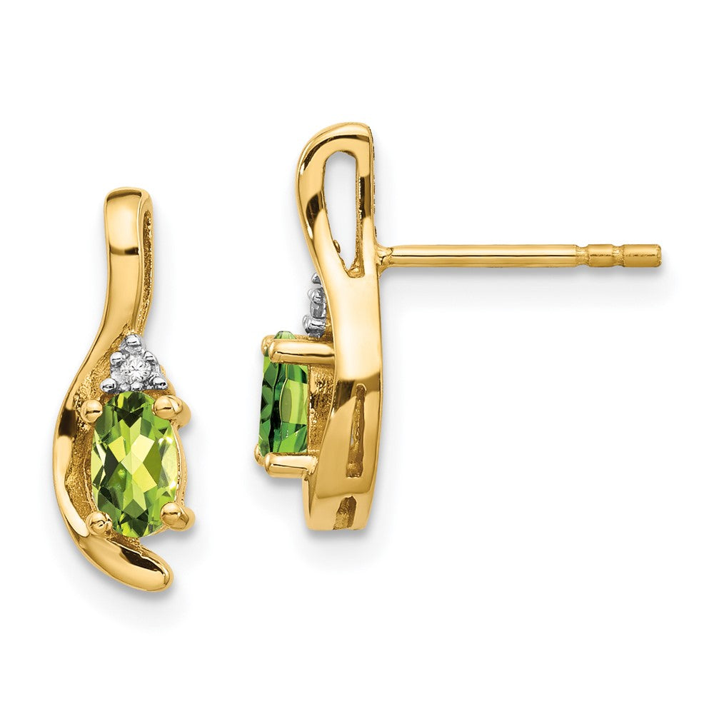 Polished;14k Yellow gold;Open back;Post;Genuine;Diamond;Peridot;Prong set;Oval