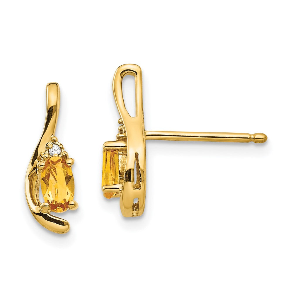 Polished;14k Yellow gold;Open back;Post;Genuine;Citrine;Diamond;Prong set;Oval