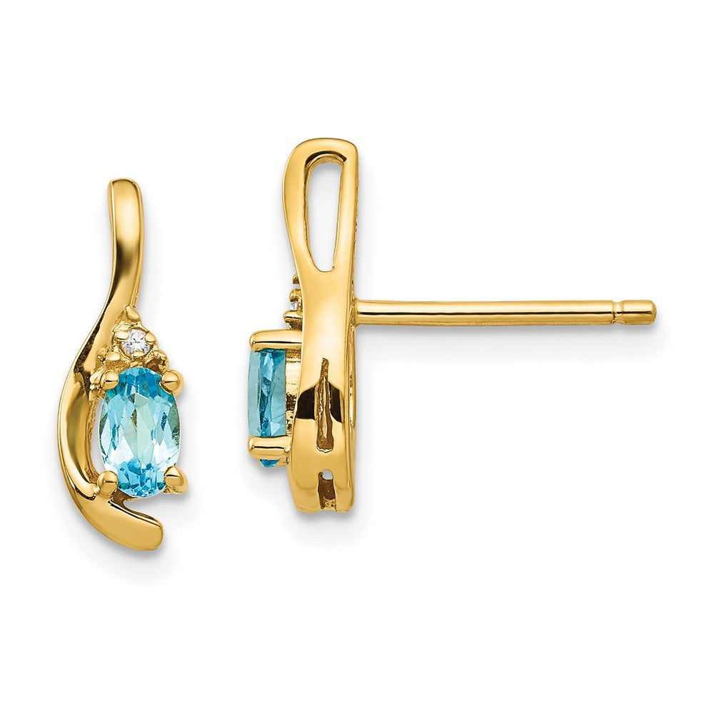 Polished;14k Yellow gold;Open back;Post;Genuine;Blue topaz;Diamond;Prong set;Oval