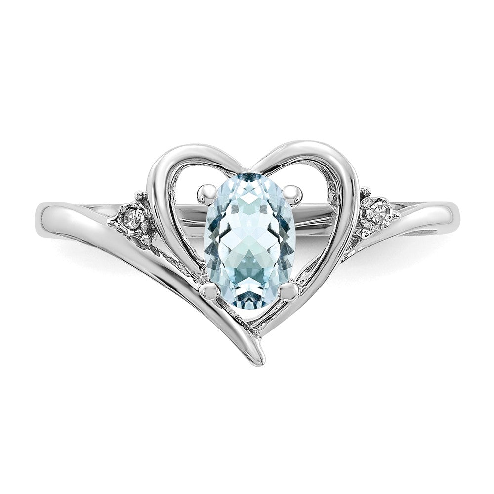 14k White Gold 6x4 Oval March/Aquamarine and Diamond Heart Ring