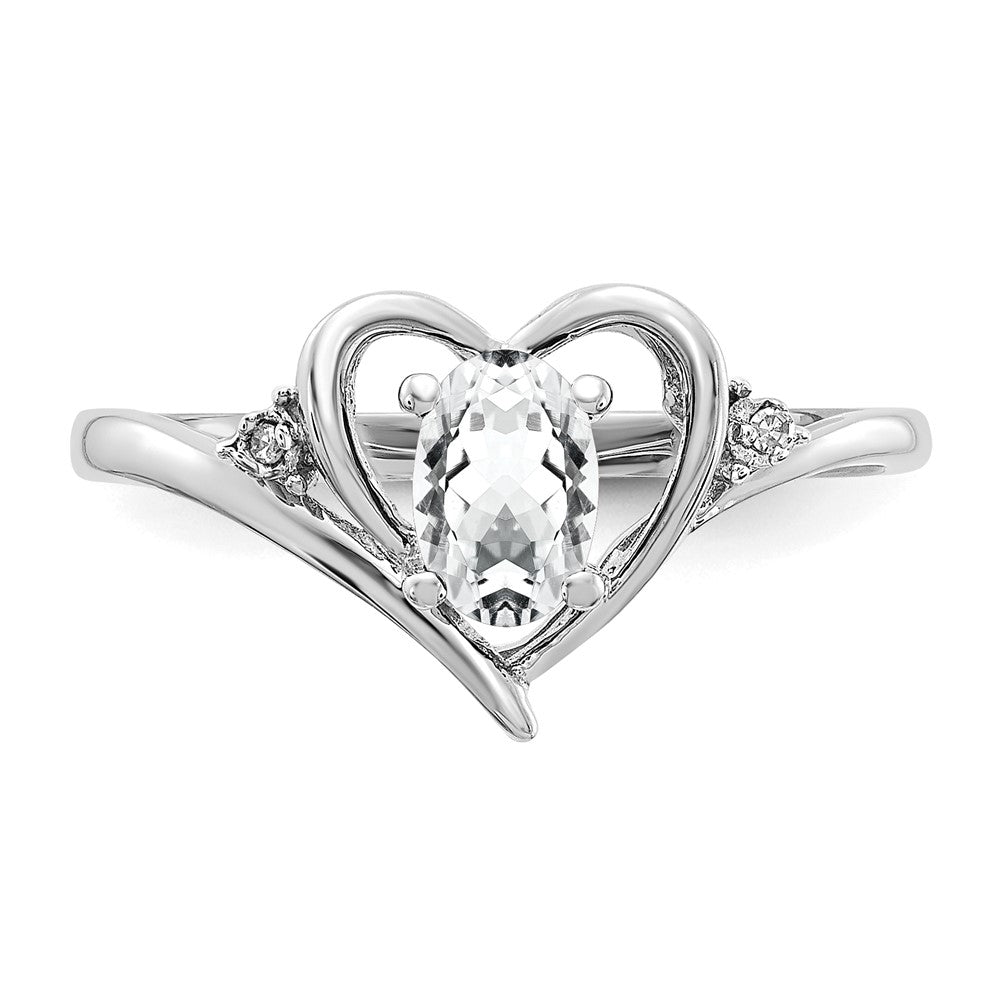 14k White Gold 6x4 Oval April/White Topaz and Diamond Heart Ring