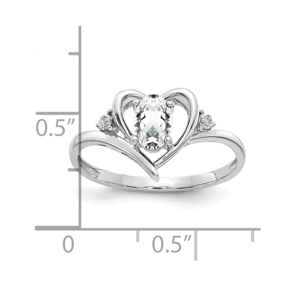 14k White Gold 6x4 Oval April/White Topaz and Diamond Heart Ring