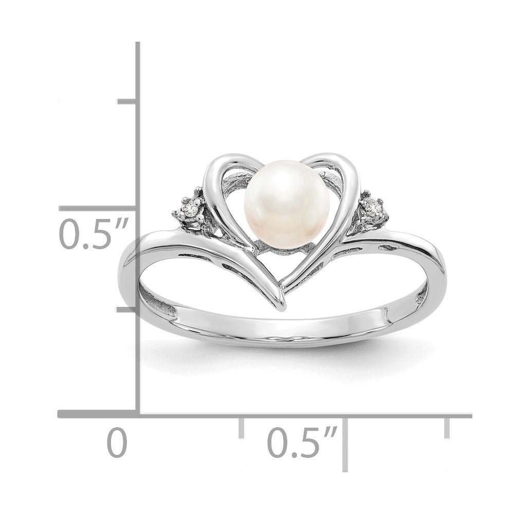 14k White Gold 5.5mm June/Freshwater Cultured Pearl and Diamond Heart Ring