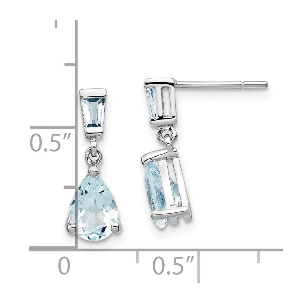 14k White Gold 7x5mm Pear and Baguette Aquamarine Dangle Post Earrings