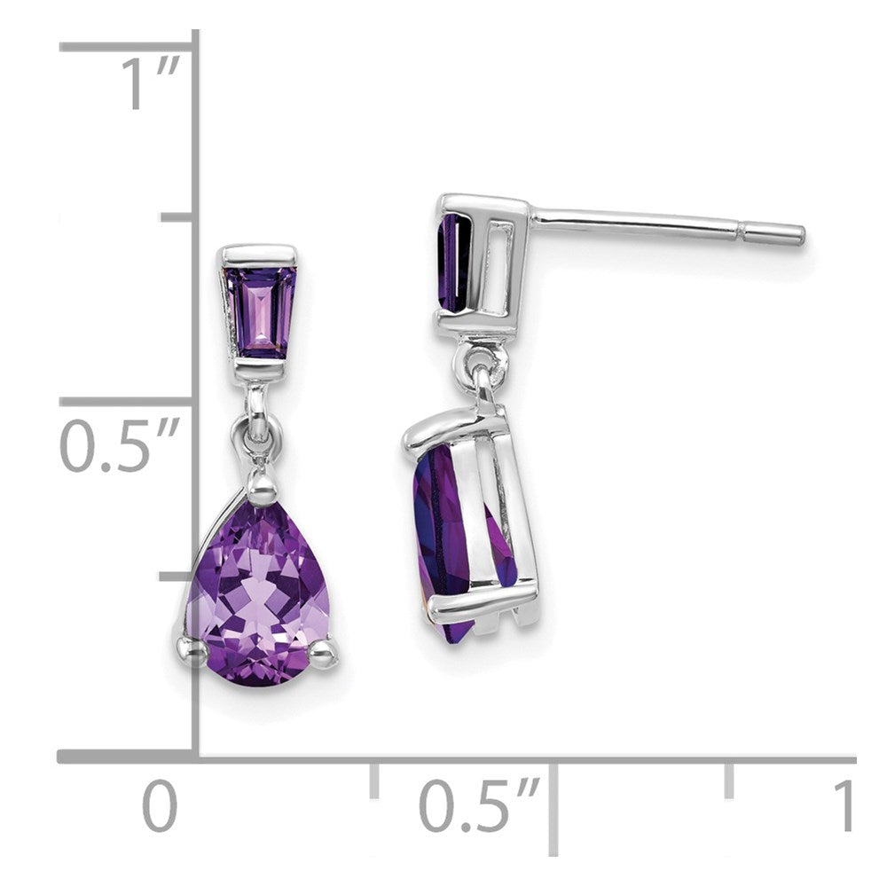 14k White Gold Pear/Baguette Amethyst Dangle Post Earrings