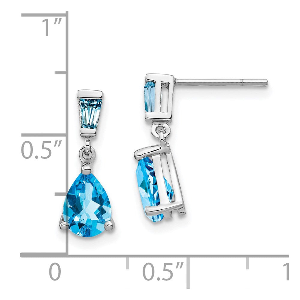 14k White Gold Pear/Baguette Blue Topaz Dangle Post Earrings