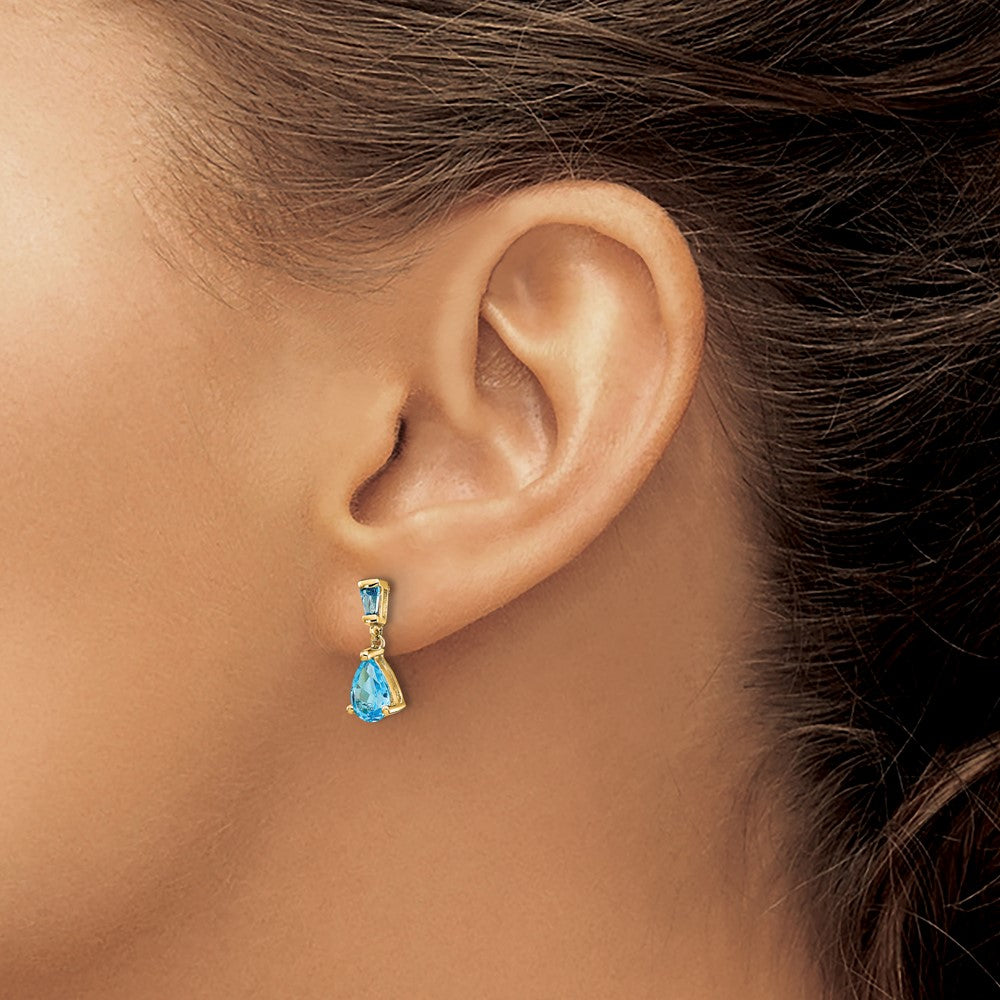 14k Pear/Baguette Blue Topaz Dangle Post Earrings