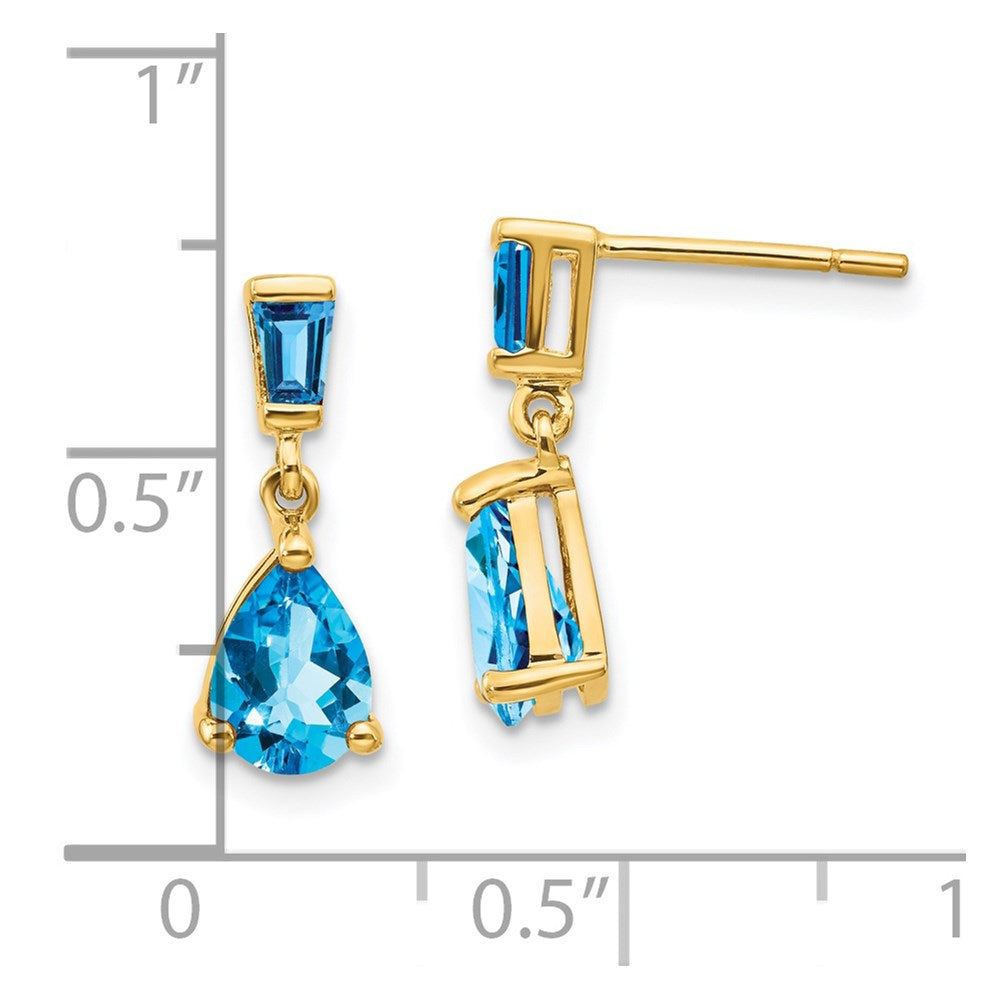 14k Pear/Baguette Blue Topaz Dangle Post Earrings