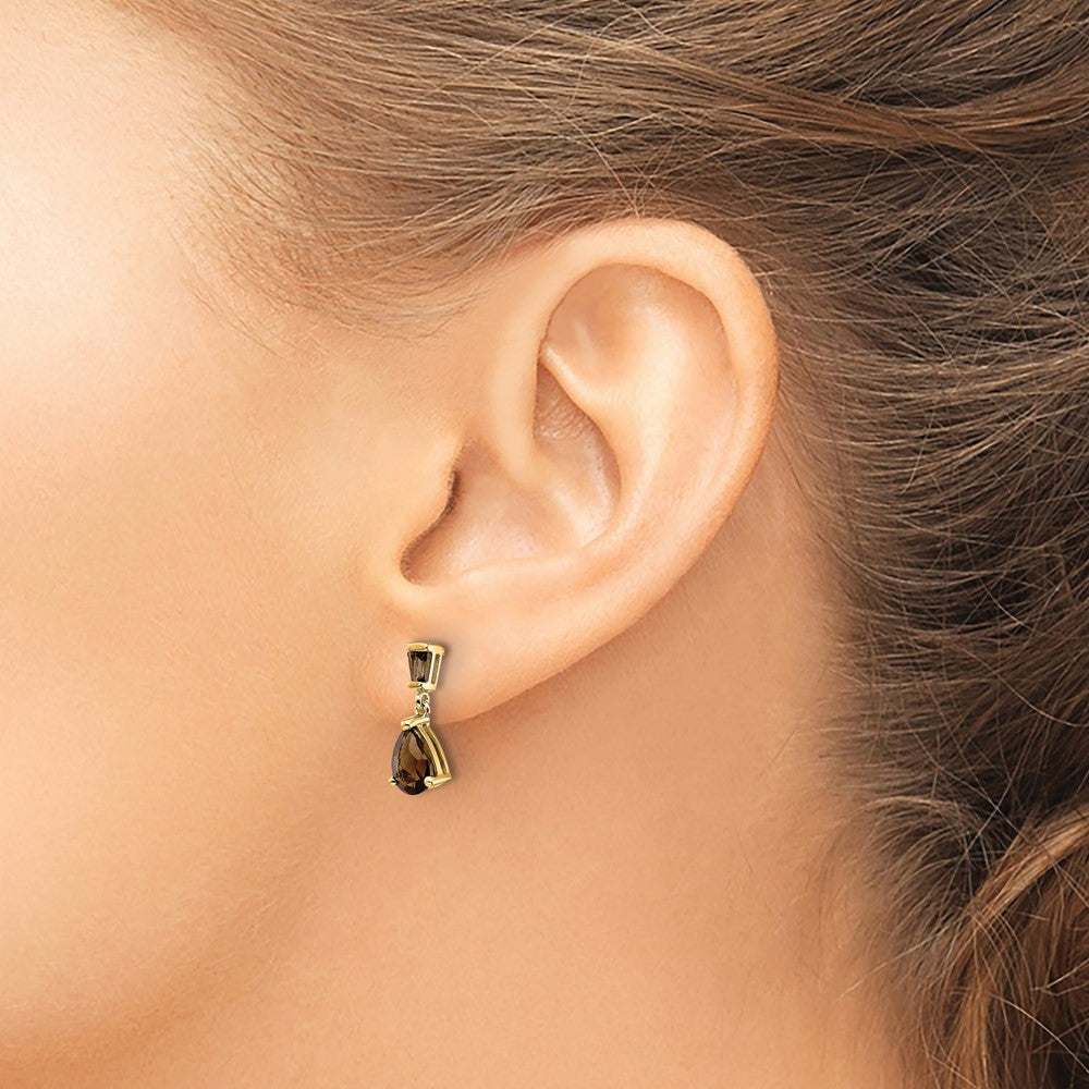 14k Pear/Baguette Smoky Quartz Dangle Post Earrings
