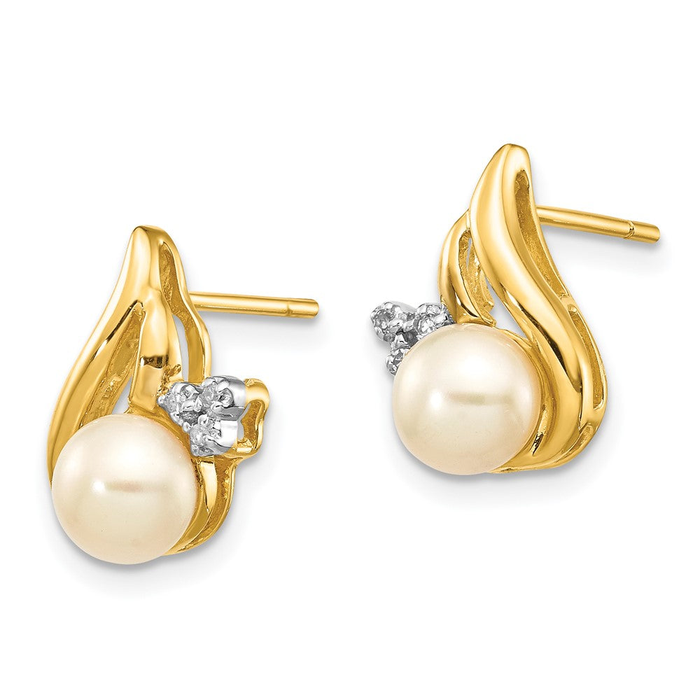 14k and White Rhodium 5-6mm White Button Freshwater Cultured Pearl and .02 carat Diamond Post Earrings