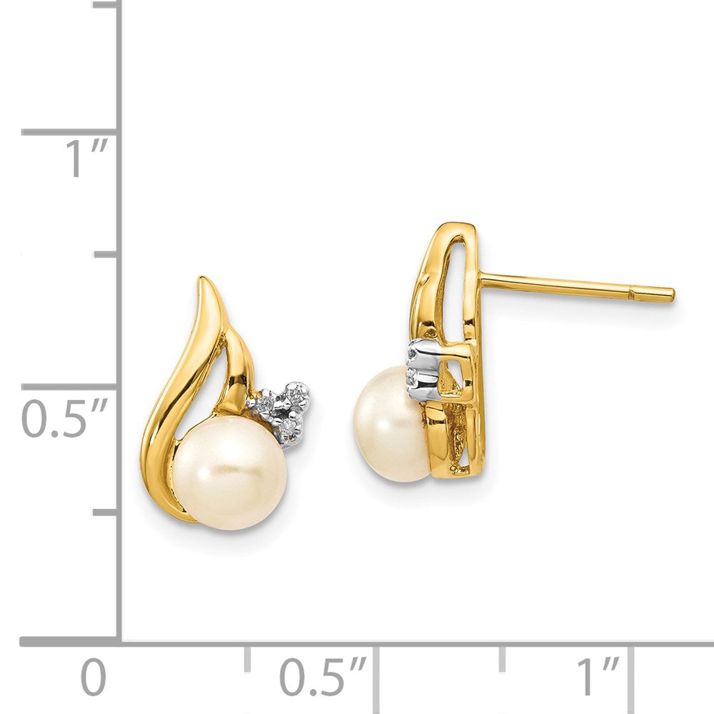 14k and White Rhodium 5-6mm White Button Freshwater Cultured Pearl and .02 carat Diamond Post Earrings