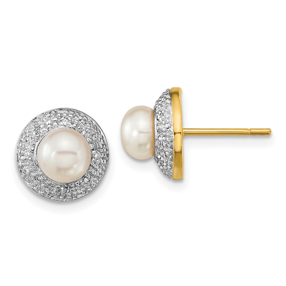 Polished;Post;14K Yellow gold & rhodium;Freshwater cultured pearl;Diamond;A quality