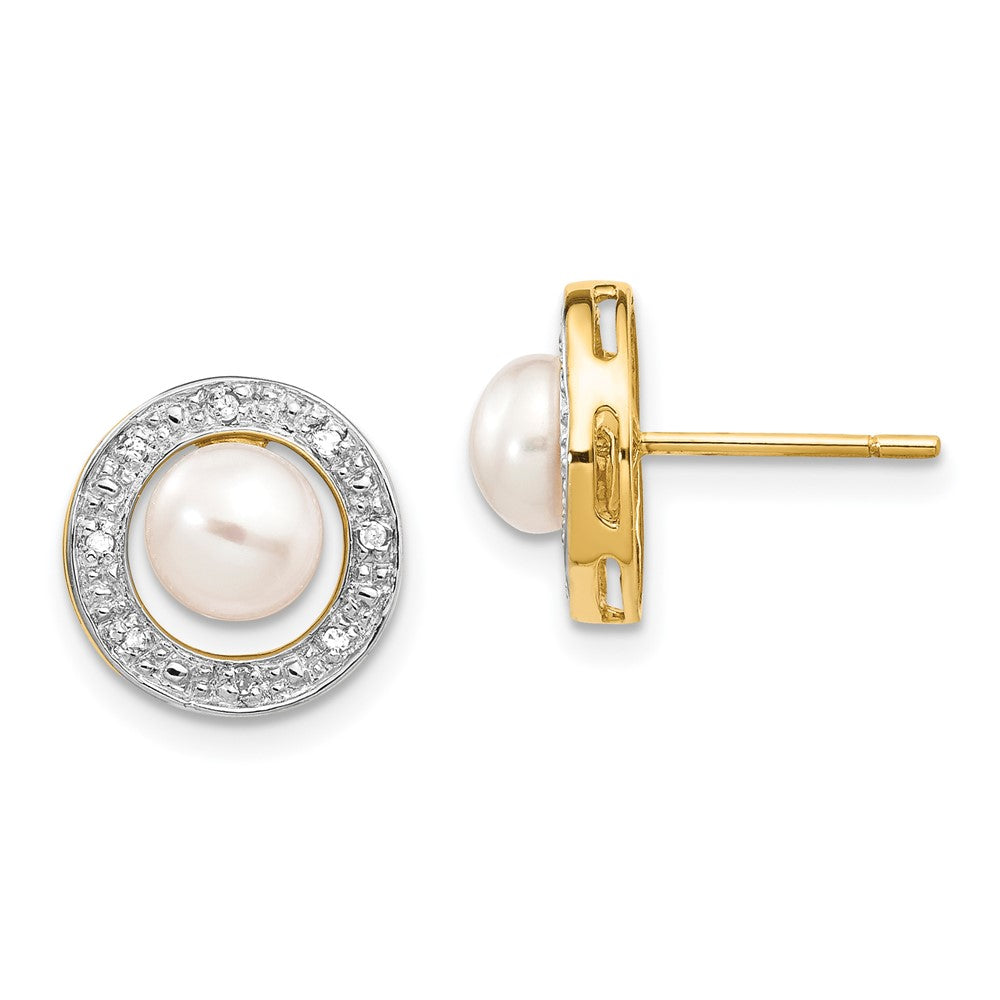 Polished;Post;14K Yellow gold & rhodium;Freshwater cultured pearl;Diamond;A quality