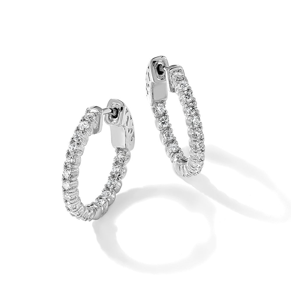 14k White Gold 1 carat Diamond Round In/Out Hoop w/Safety Clasp Earrings