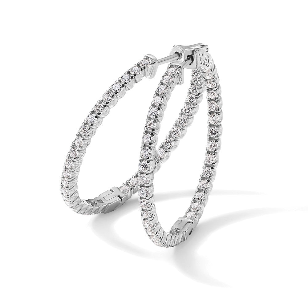 14k White Gold 2 carat Diamond Round In/Out Hoop w/Safety Clasp Earrings