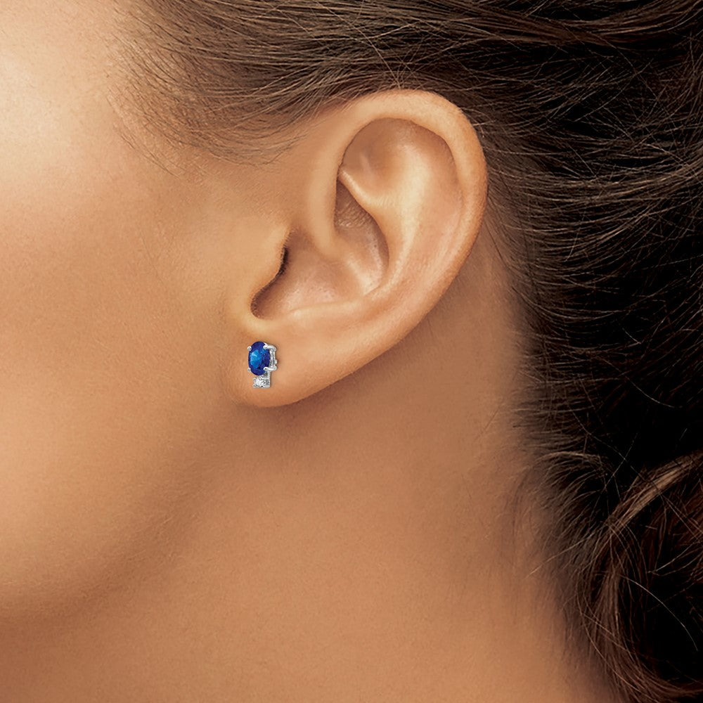 14k White Gold 6x4mm Oval Sapphire and AA Quality Diamond Post Earrings