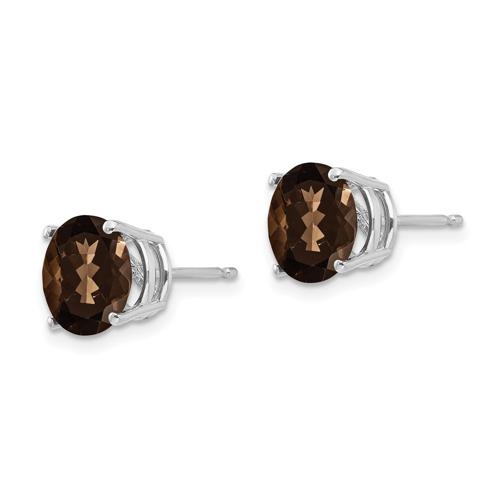 14k White Gold 8mm Round Checker-Cut Smoky Quartz Post Earrings