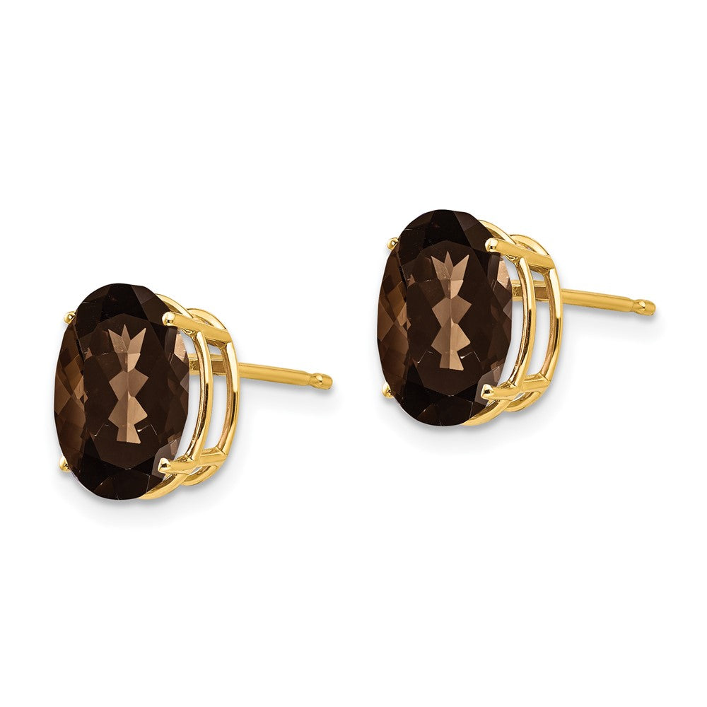 14k 10x8mm Oval Checker-Cut Smoky Quartz Post Earrings