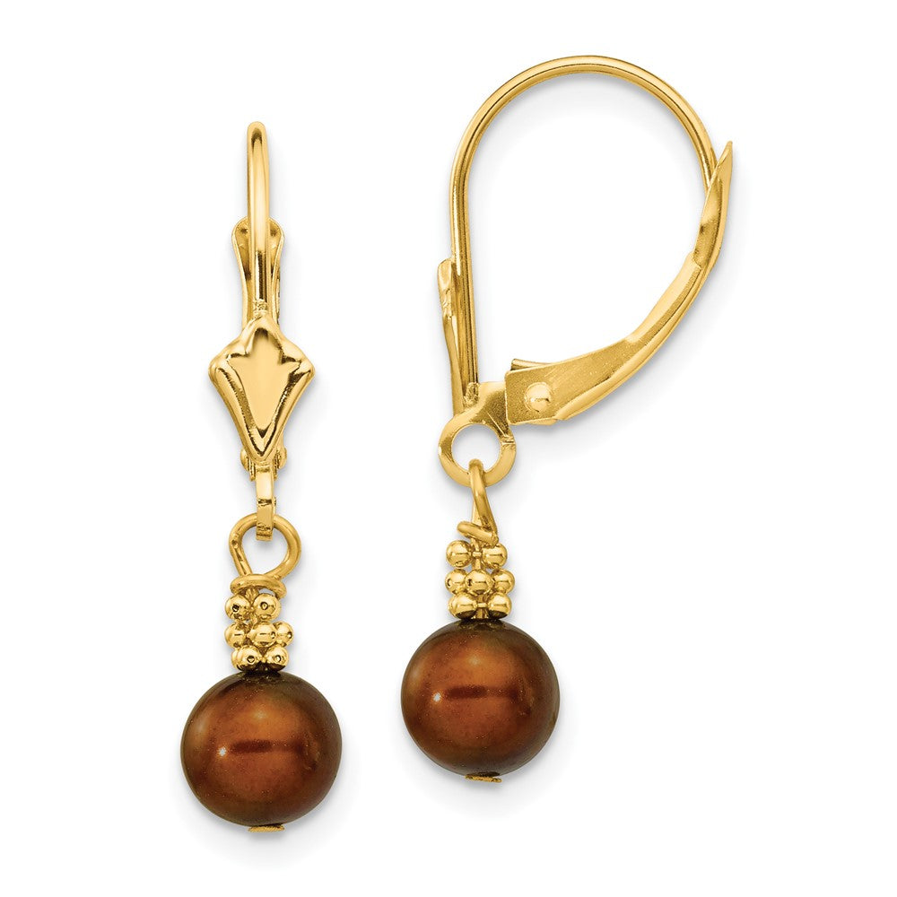 Polished;14k Yellow gold;Leverback;Freshwater cultured pearl;Dangle