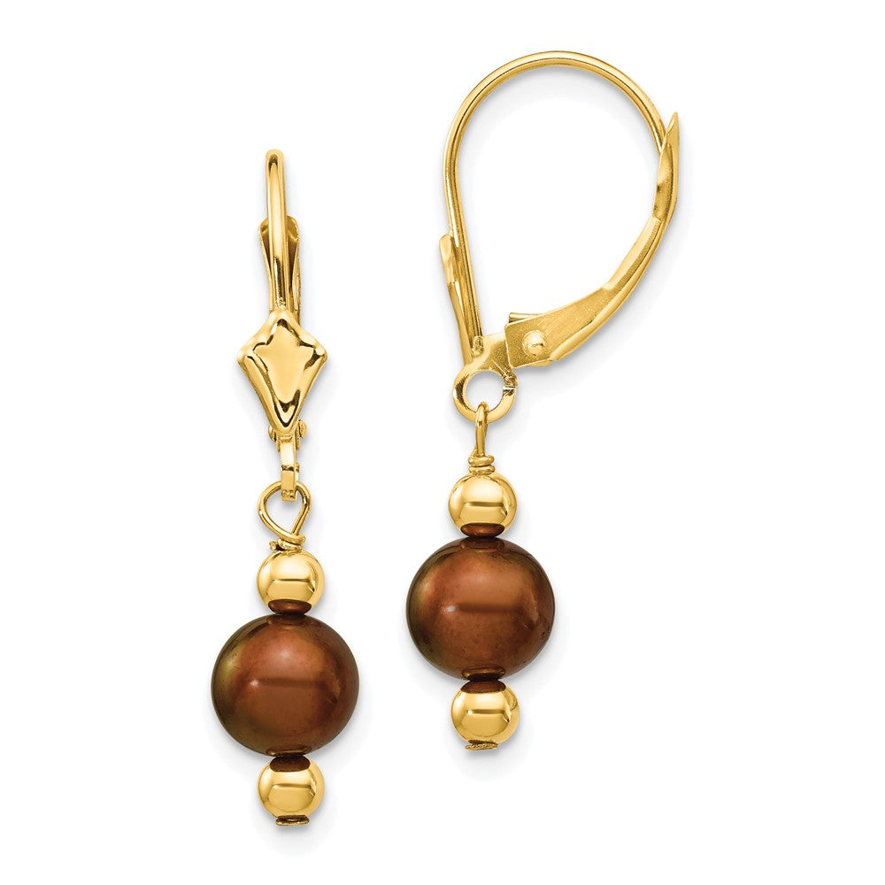 Polished;14k Yellow gold;Leverback;Freshwater cultured pearl;Dangle