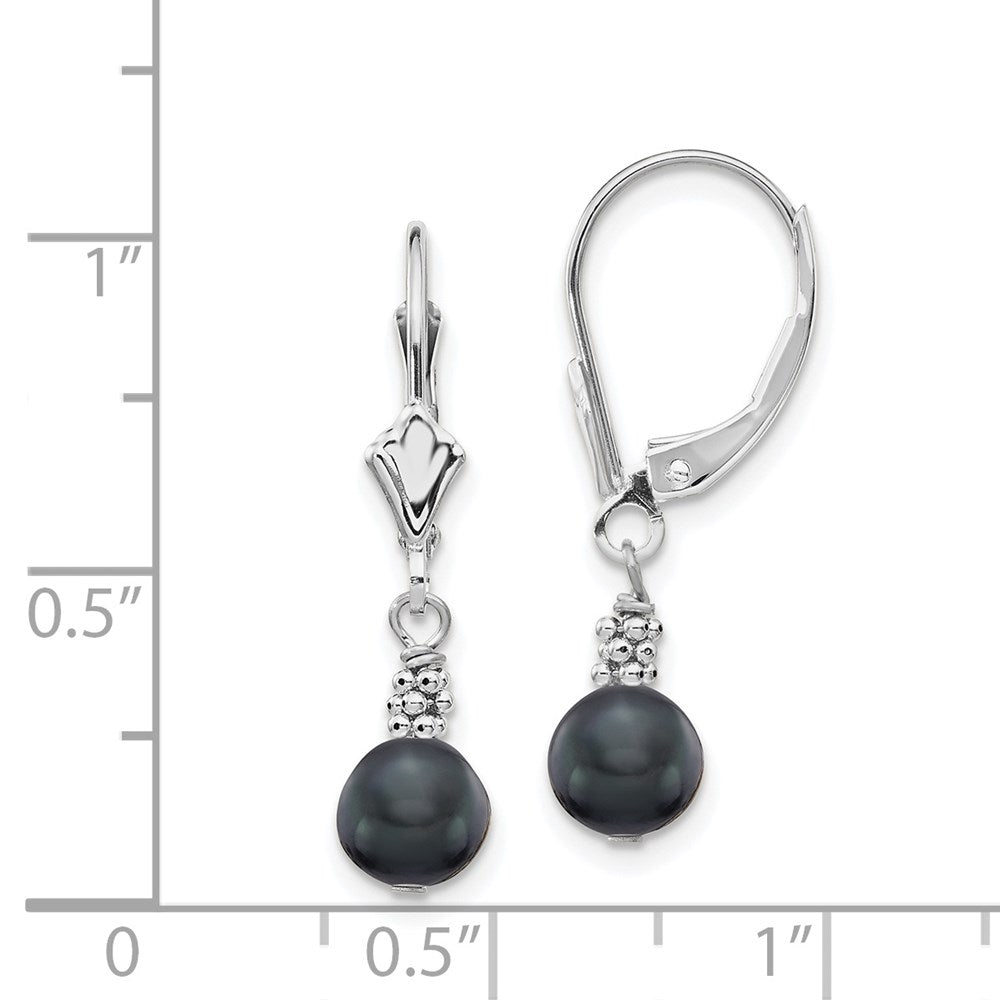14k White Gold 5-6mm Black Semi-round Freshwater Cultured Pearl Dangle Leverback Earrings