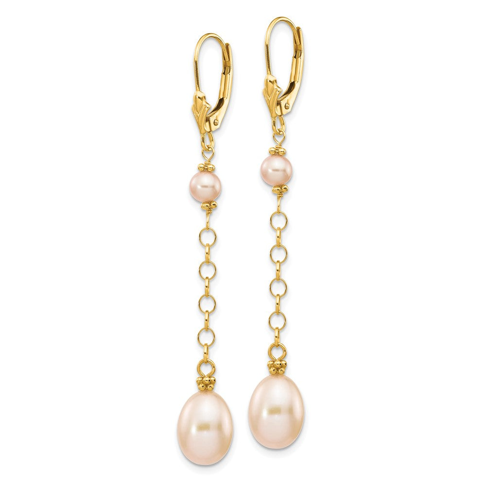 14k 5-8mm Pink Rice and Semi-Round Freshwater Cultured Pearl Chain Dangle Leverback Earrings