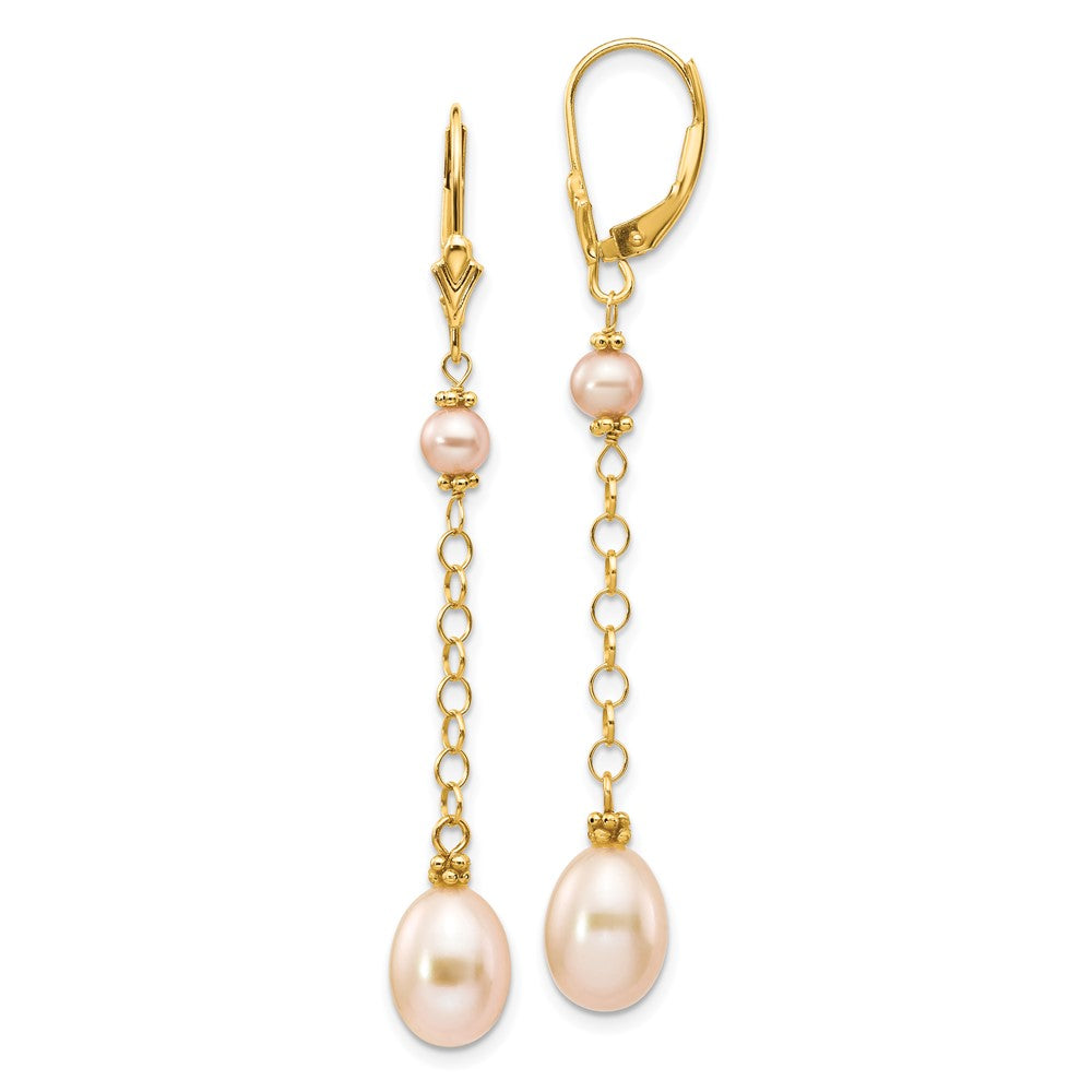 Polished;14k Yellow gold;Leverback;Freshwater cultured pearl;Dangle