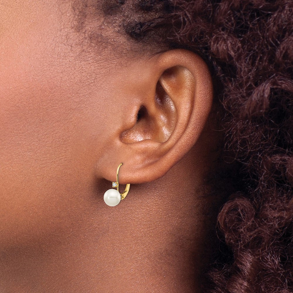 14k 6-7mm White Round Freshwater Cultured Pearl and .06 Carat Diamond Leverback Earrings