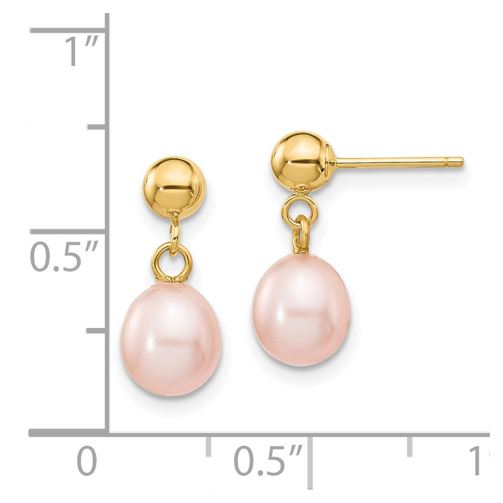 14k 6-7mm Pink Rice Freshwater Cultured Pearl Dangle Post Earrings