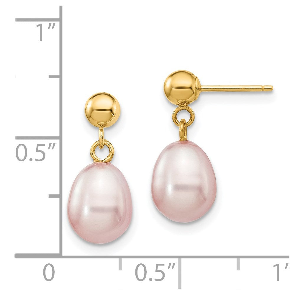 14k 7-8mm Purple Rice Freshwater Cultured Pearl Dangle Post Earrings