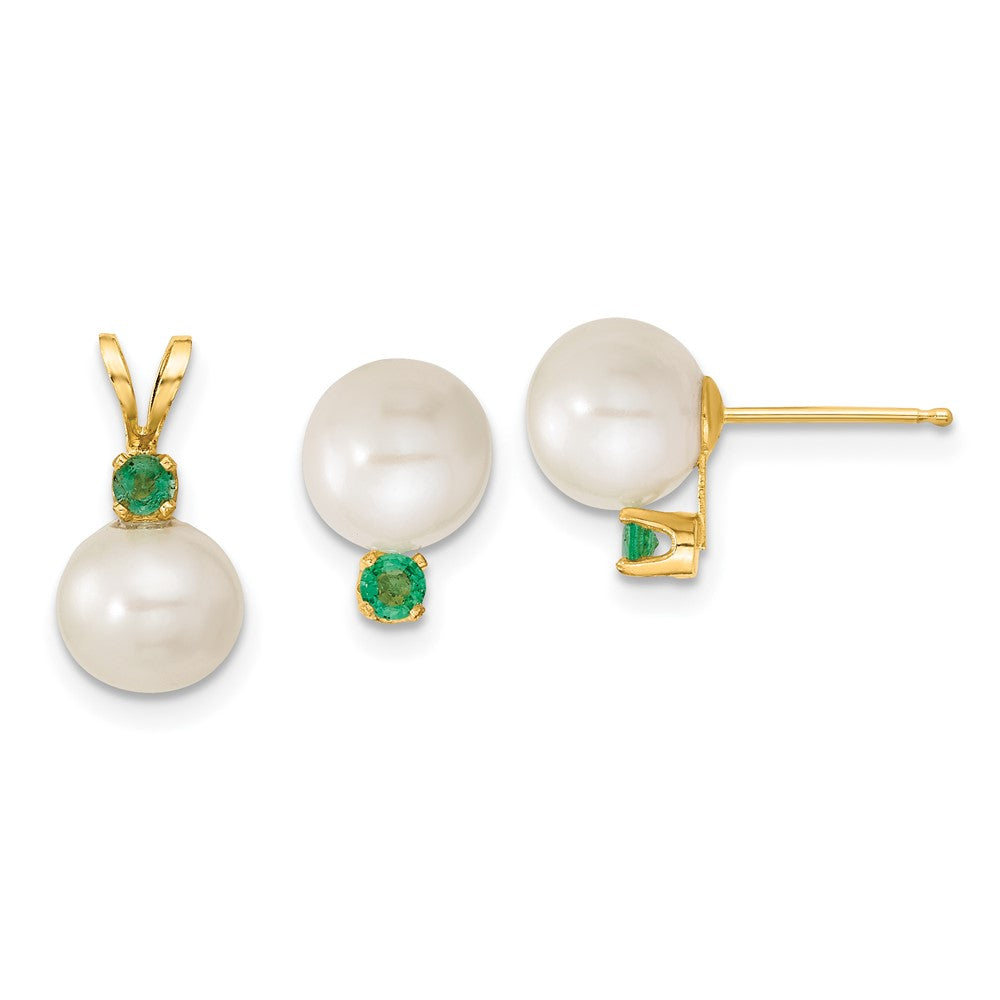14k Yellow gold;Post;Freshwater cultured pearl;Emerald