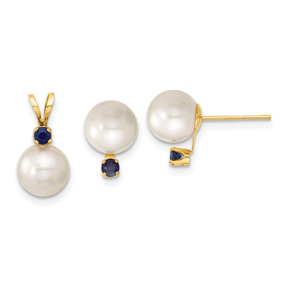14k Yellow gold;Post;Freshwater cultured pearl;Sapphire