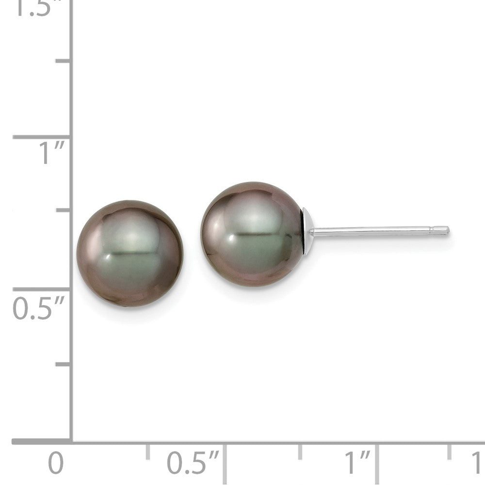 14k White Gold 8-9mm Black Round Tahitian Saltwater Cultured Pearl Post Earrings