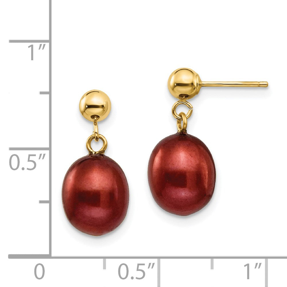 14k 8-9mm Brown Rice Freshwater Cultured Pearl Dangle Post Earrings