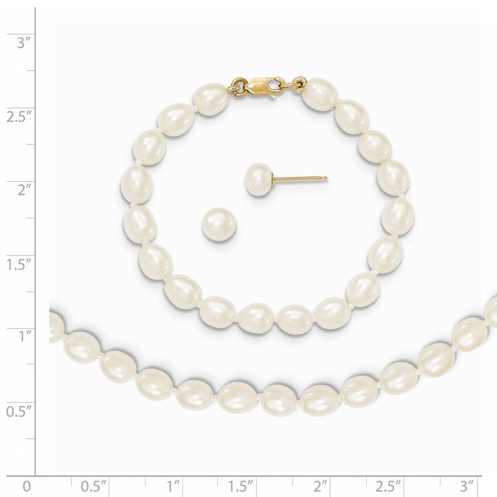 14k 5-6mm White Freshwater Cultured Pearl 5 inch Bracelet, 14 inch Necklace and Post Earrings Set
