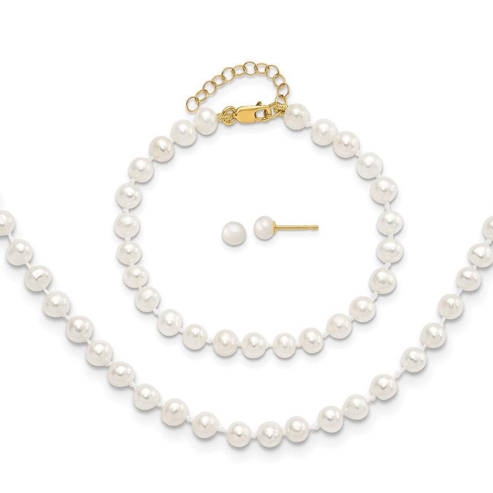 Polished;14k Yellow gold;Post;Lobster;Freshwater cultured pearl;White