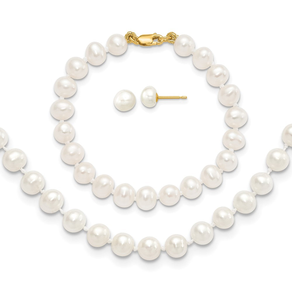 Polished;14k Yellow gold;Post;Lobster;Freshwater cultured pearl;White