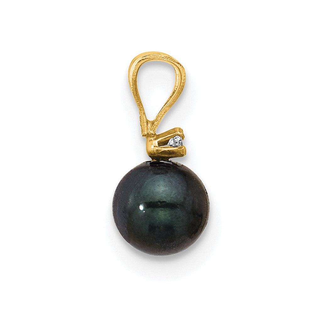 14k 5-6mm Black Round Akoya Saltwater Cultured Pearl and .01 Carat Diamond Pendant