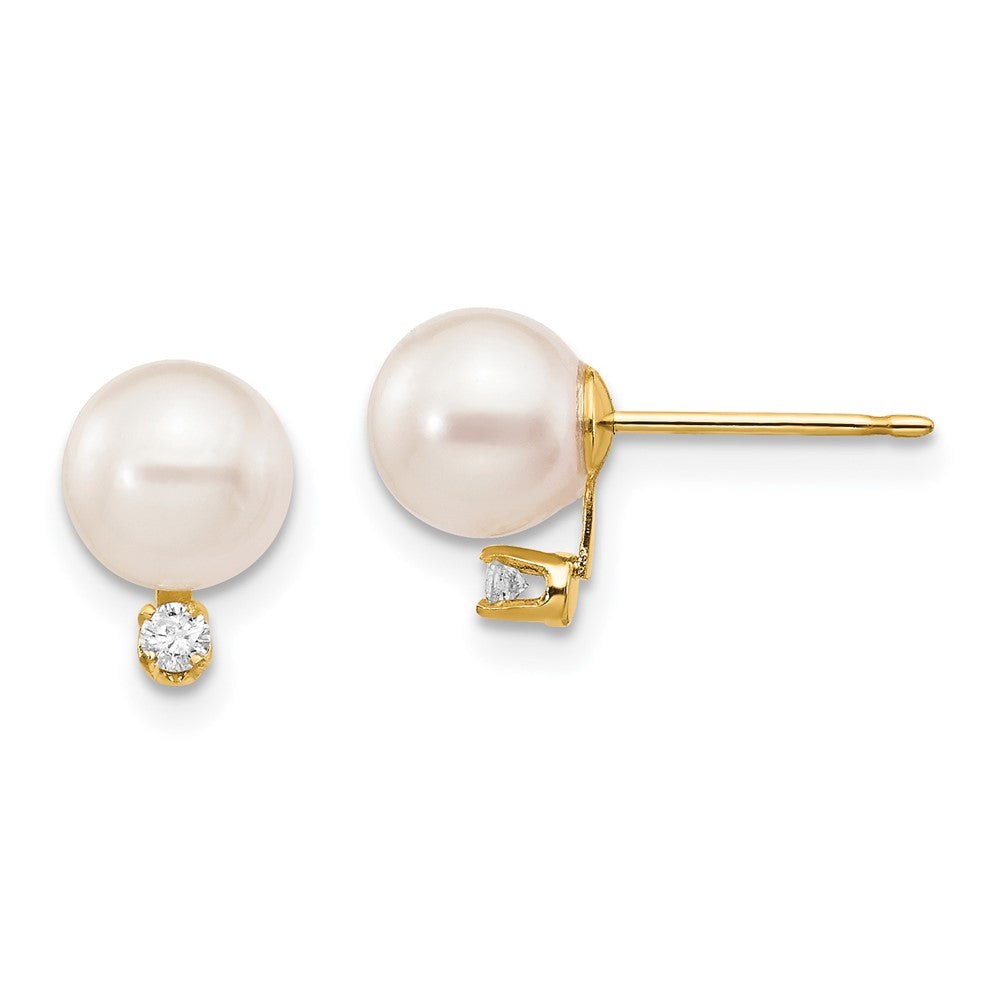 14k Yellow gold;Post;Diamond;Saltwater pearl