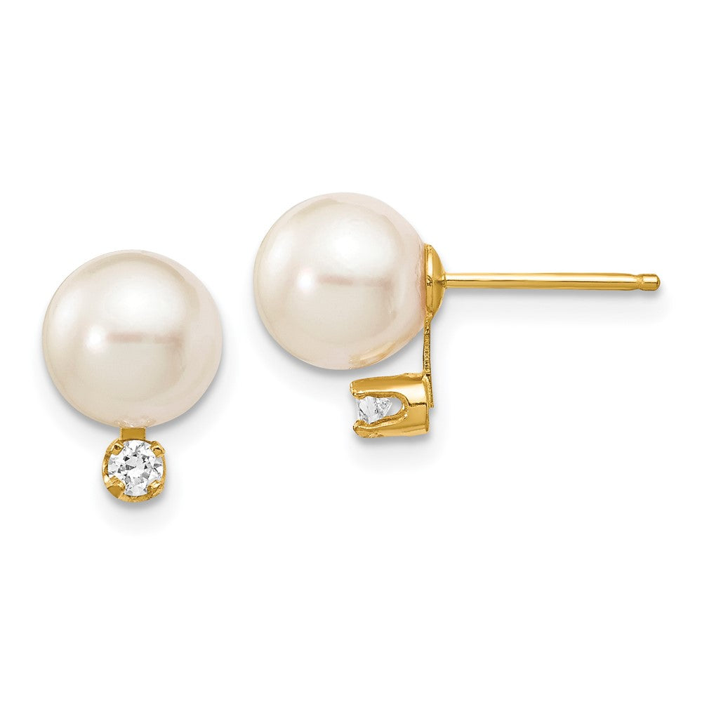 14k Yellow gold;Post;Diamond;Saltwater pearl