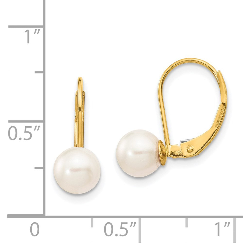 14k 6-7mm White Round Akoya Saltwater Cultured Pearl Leverback Earrings