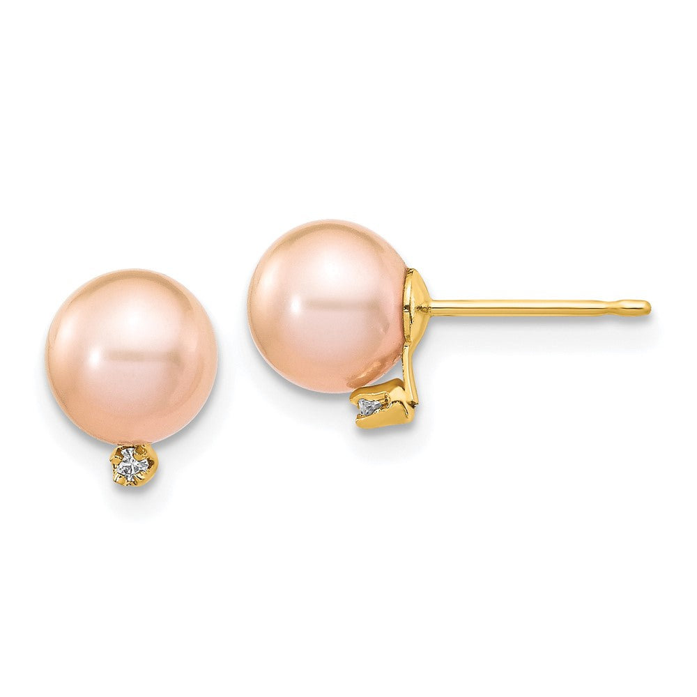 14k Yellow gold;Post;Dyed;Freshwater cultured pearl;Diamond;Pink