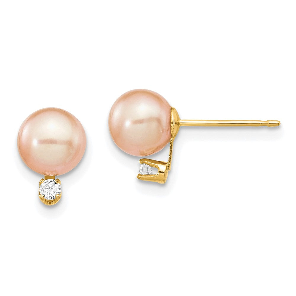14k Yellow gold;Post;Dyed;Freshwater cultured pearl;Diamond;Pink