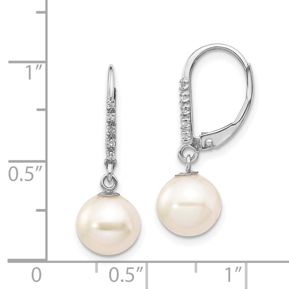 14k White Gold 8-9mm White Round Freshwater Cultured Pearl and .05 Carat Diamond Dangle Leverback Earrings